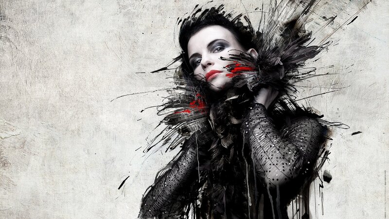 Woman with Dark Makeup — Black, Dramatic, Digital Art, Feathers