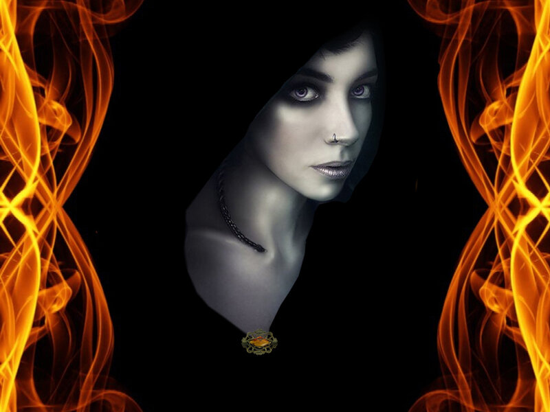 Woman with Dark Makeup — Black, Dramatic, Digital Art, Fire