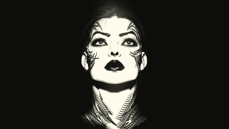 Woman with Dark Makeup — Black, Dramatic, Digital Art, Neck Jewelry