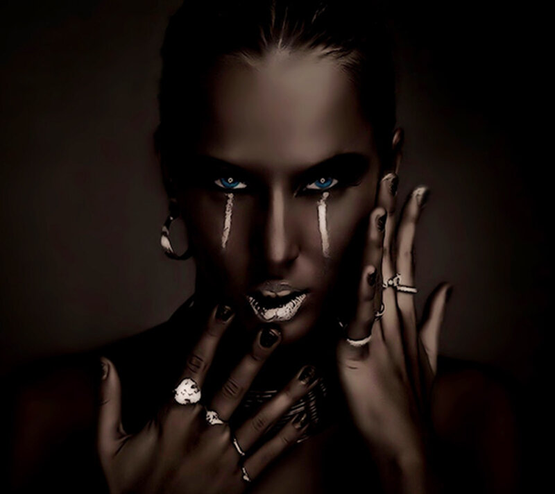 Woman with Dark Makeup — Black, Dramatic, Digital Art, Rings