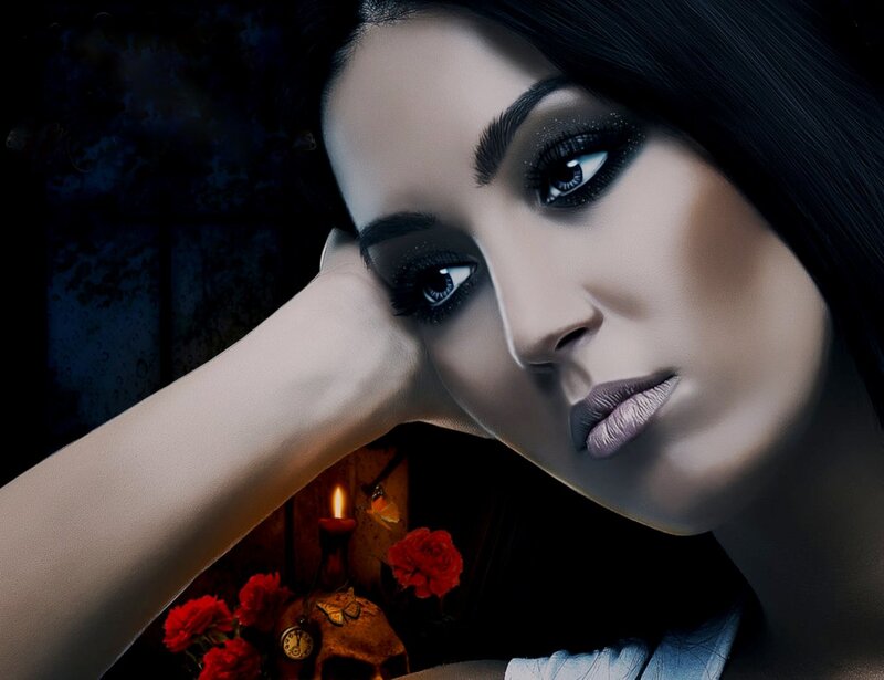 Woman with Dark Makeup — Black, Dramatic, Night, Digital Art, Candle