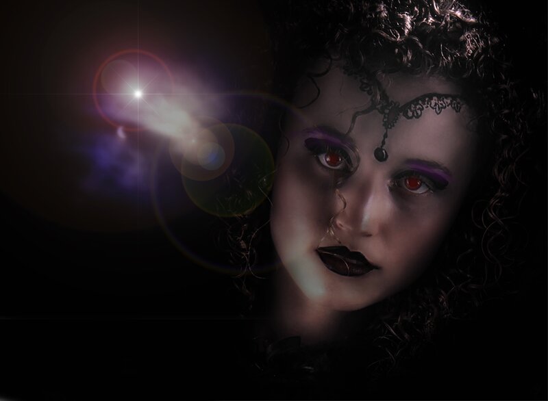 Woman with Dark Makeup — Black, Dramatic, Night, Photograph, Curly Hair
