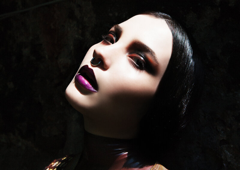 Woman with Dark Makeup — Black, Dramatic, Photograph, Dark Hair, Lip Ring