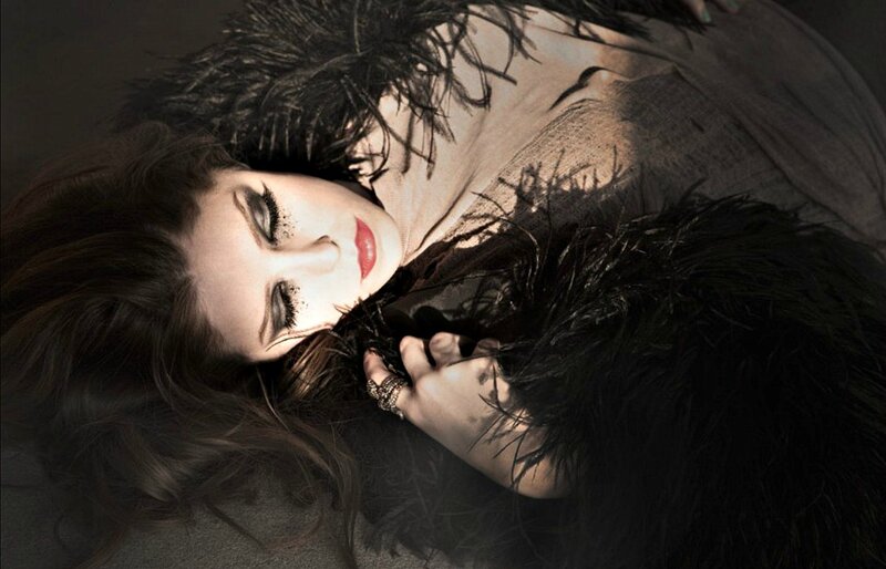 Woman with Dark Makeup — Black, Dramatic, Photograph, Feather Boa