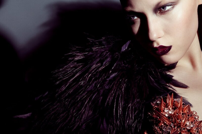 Woman with Dark Makeup — Black, Dramatic, Photograph, Feathered Garment