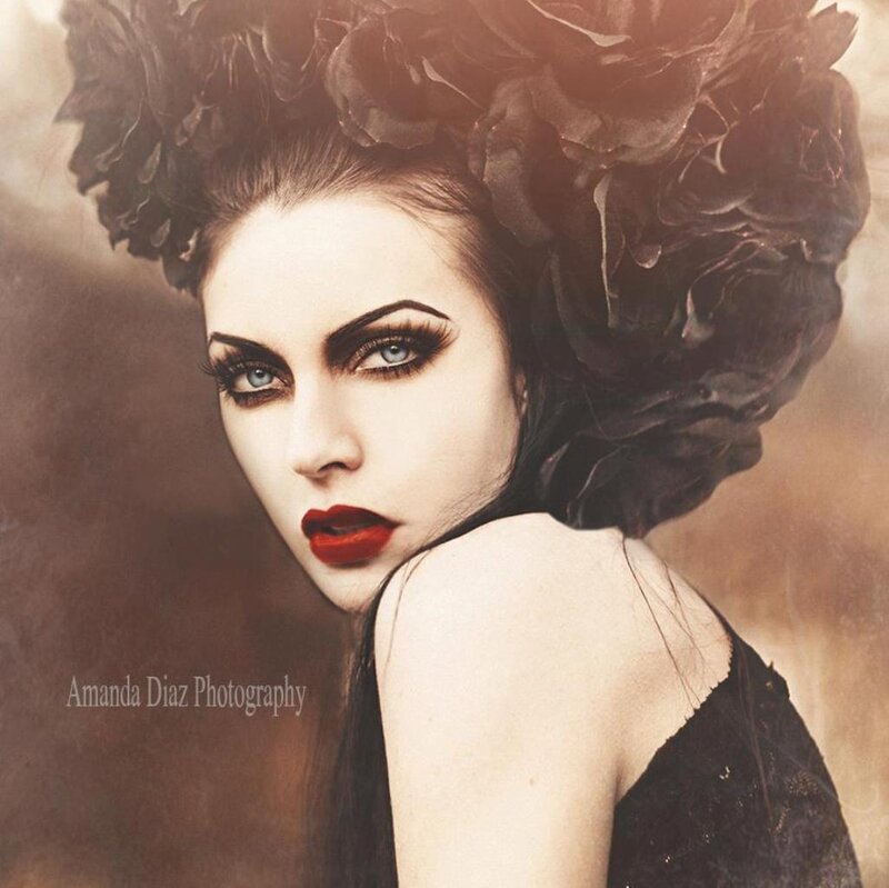 Woman with Dark Makeup — Black, Dramatic, Photograph, Flowers, Red Lipstick