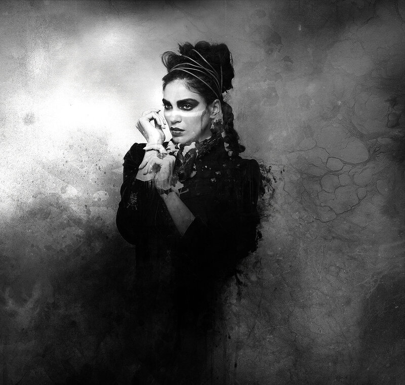 Woman with Dark Makeup — Black, Dramatic, Photograph, Hair, Hands