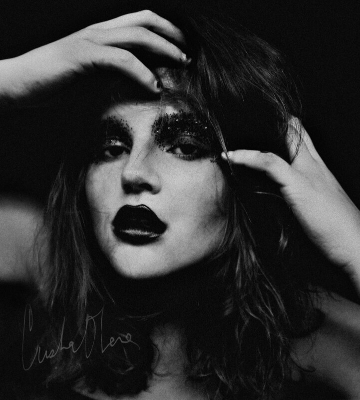 Woman with Dark Makeup — Black, Dramatic, Photograph, Hair, Hands, White