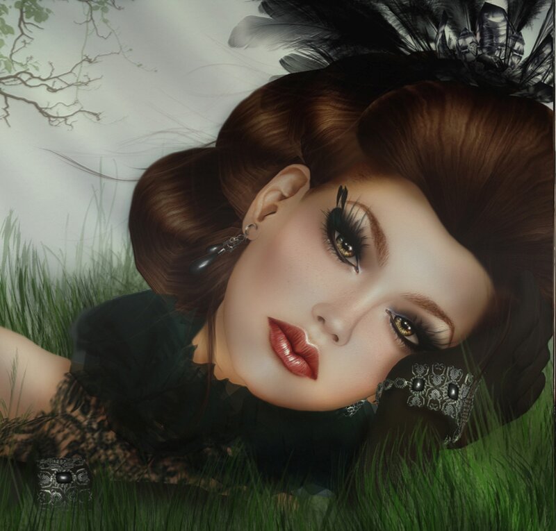 Woman with Dark Makeup — Brown, Dramatic, Digital Art, Feathers