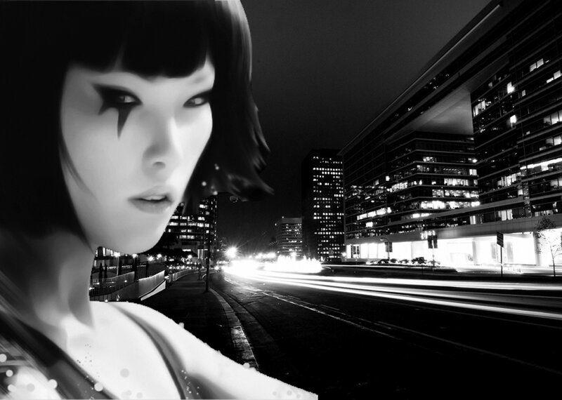 woman with dark makeup in city
