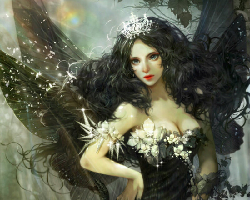 Woman with Dark Wings — Black, Dramatic, Digital Art, Crown