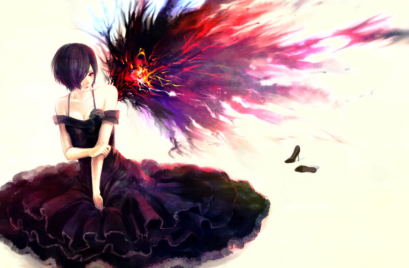 Woman with Dark Wings — Black, Dramatic, Digital Art, Dress