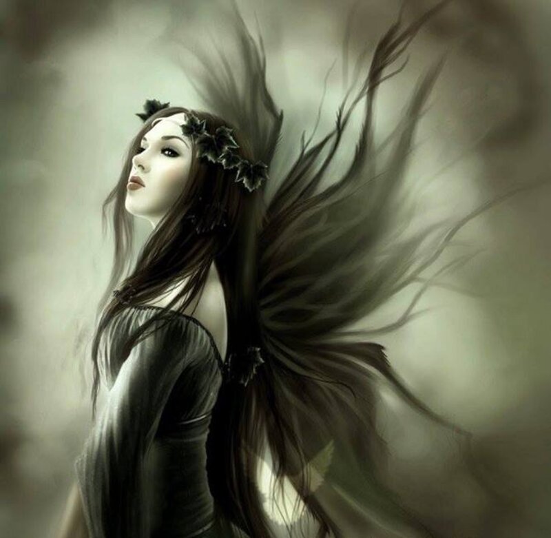 Woman with Dark Wings — Black, Dramatic, Digital Art, Flowers