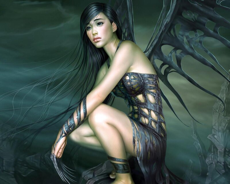 Woman with Dark Wings — Black, Dramatic, Digital Art, Long Hair, Dress, Green, Skin Tone
