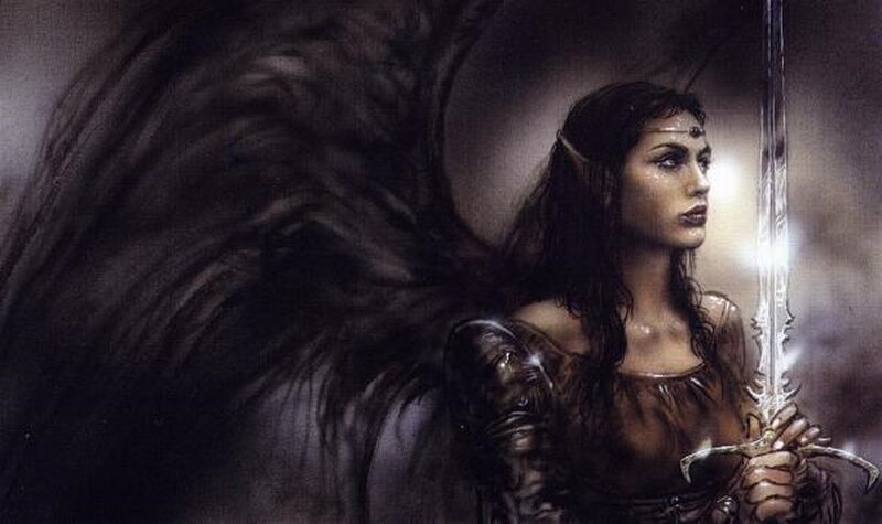 Woman with Dark Wings — Black, Dramatic, Digital Art, Sword, Armor