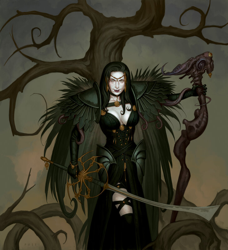 Woman with Dark Wings — Black, Dramatic, Digital Art, Sword