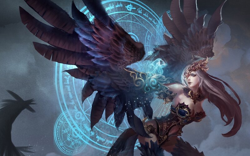 Woman with Dark Wings — Blue, Dramatic, Digital Art, Magic Circle