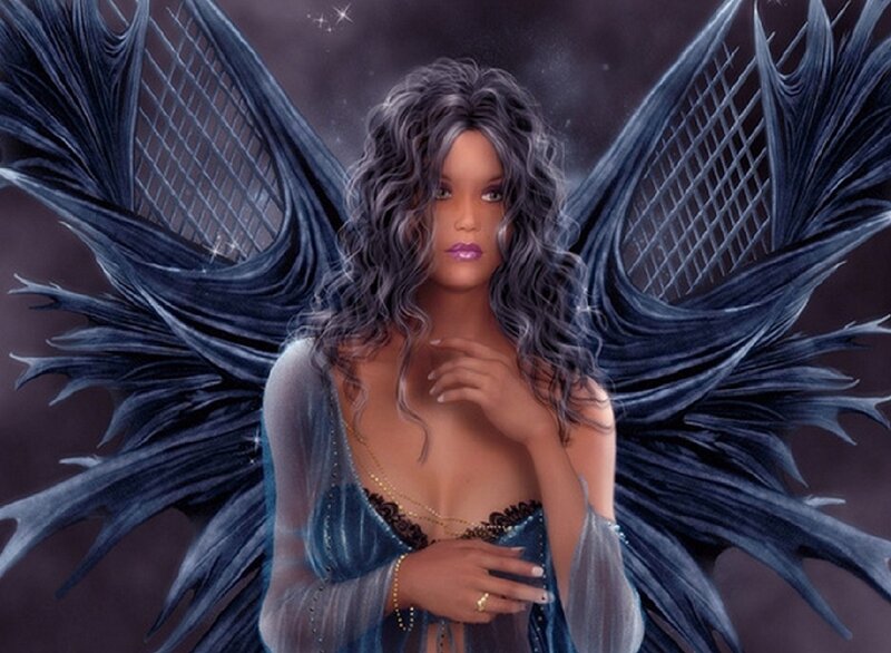Woman with Dark Wings — Blue, Dramatic, Night, Digital Art, Curly Hair
