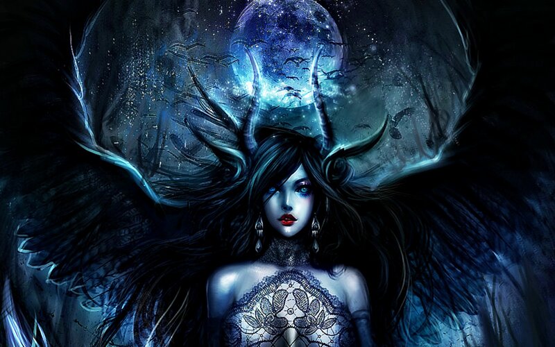 Woman with Dark Wings — Blue, Dramatic, Night, Digital Art, Moon