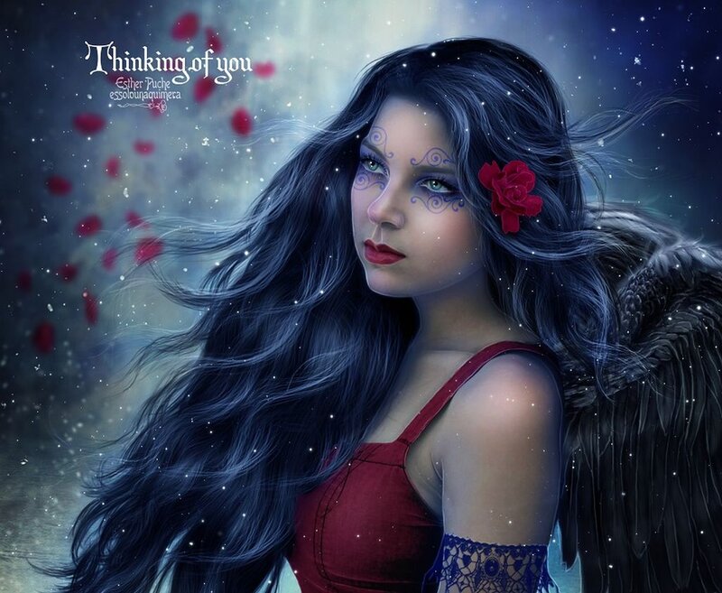 Woman with Dark Wings — Blue, Dramatic, Night, Digital Art, Rose