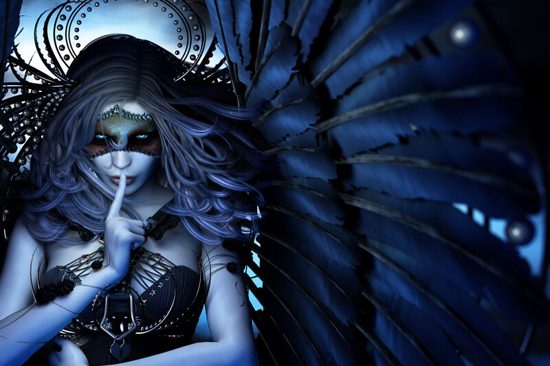 Woman with Dark Wings — Blue, Dramatic, Night, Digital Art