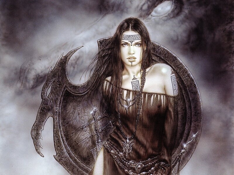 Woman with Dark Wings — Brown, Dramatic, Digital Art, Shield, Sword