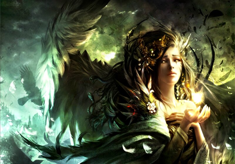Woman with Dark Wings — Green, Dramatic