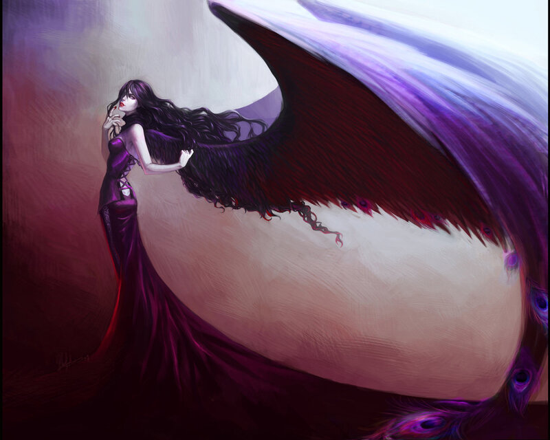 Woman with Dark Wings — Purple, Dramatic, Digital Art, Dress, Long Hair, Black