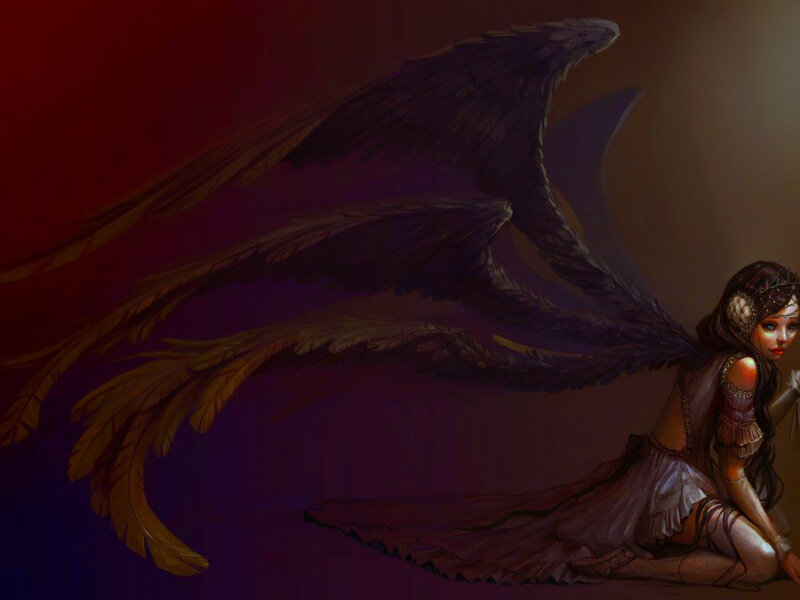 Woman with Dark Wings — Purple, Dramatic, Digital Art, Dress