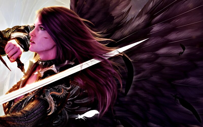 Woman with Dark Wings — Purple, Dramatic, Digital Art, Sword