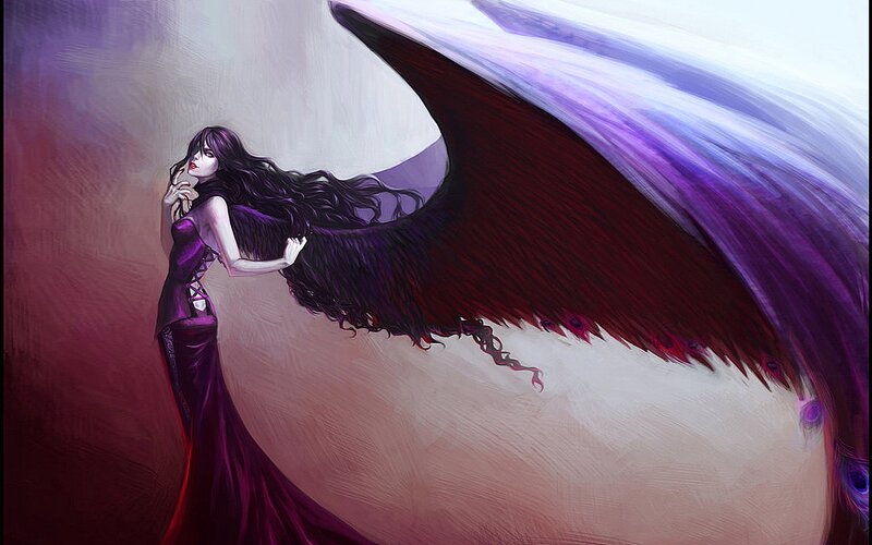 Woman with Dark Wings — Purple, Dramatic, Digital Art