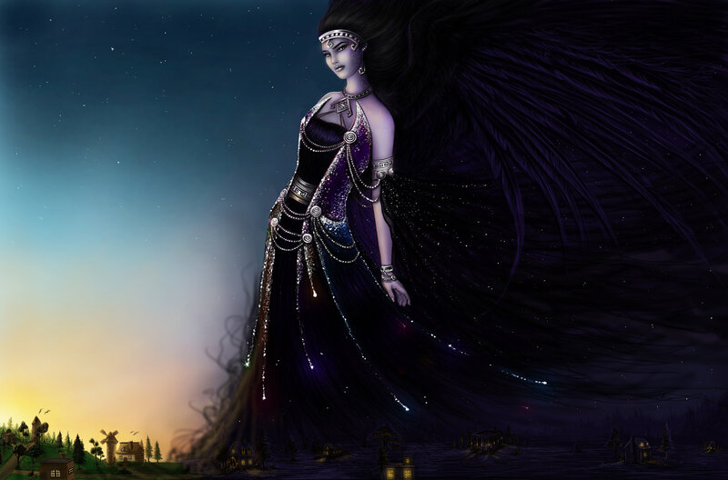 Woman with Dark Wings — Purple, Dramatic, Night, Digital Art, Night Sky