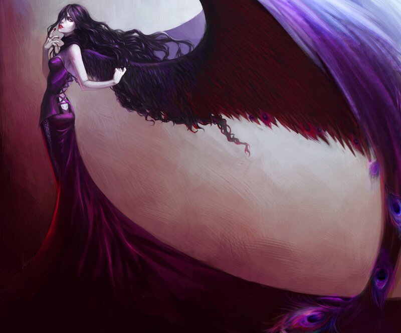 Woman with Dark Wings — Purple, Dramatic, Night, Digital Art