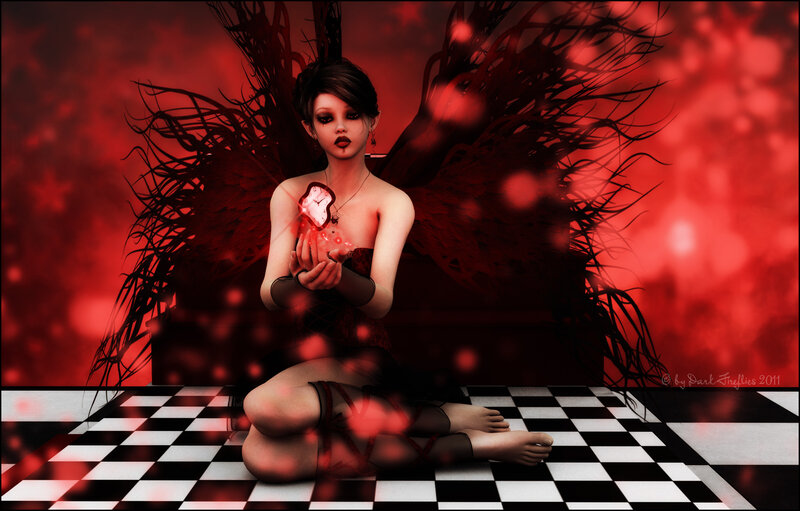 Woman with Dark Wings — Red, Dramatic, Digital Art, Checkered Floor