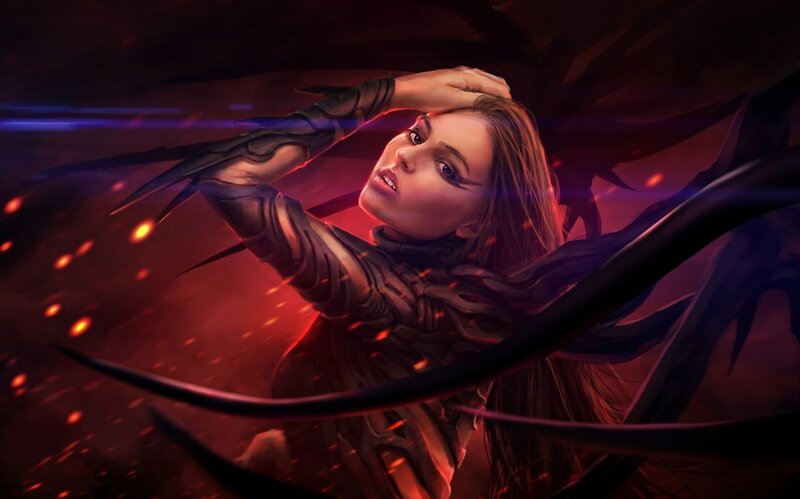 Woman with Dark Wings — Red, Dramatic, Digital Art, Sparks