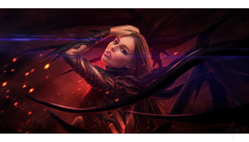 Woman with Dark Wings — Red, Dramatic, Digital Art