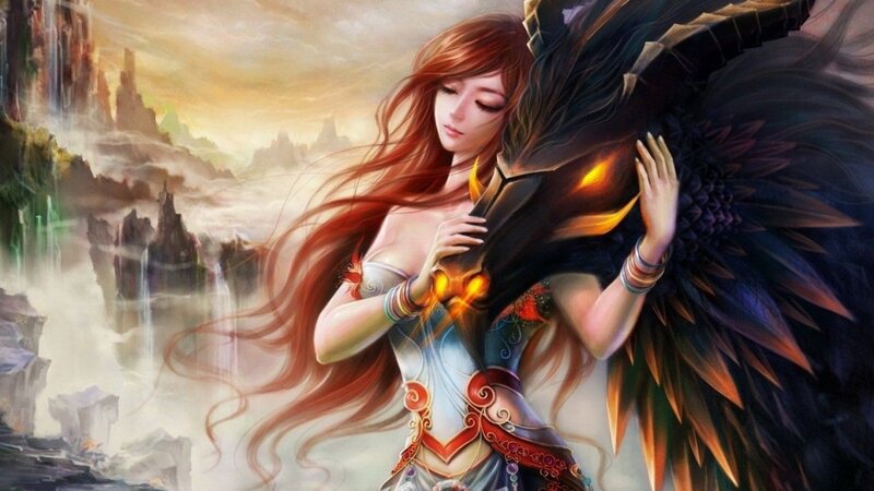 Woman with Dark Wings — Red, Dramatic, Sunset, Digital Art