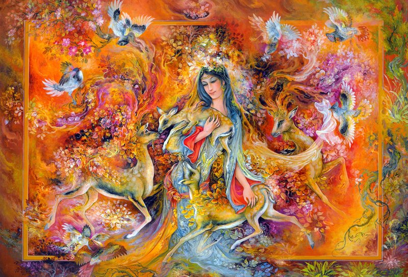 Woman with Deer and Birds — Orange