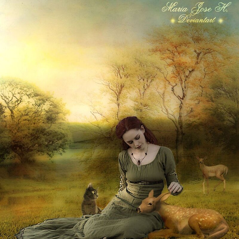 Woman with Deer and Cat