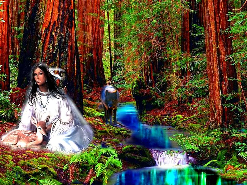 Woman with Deer and Wolf