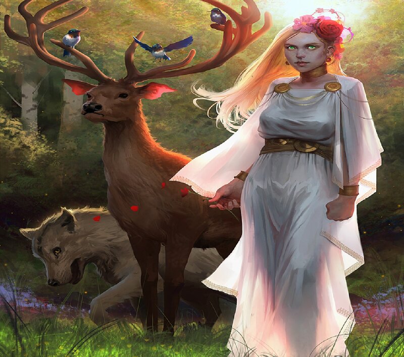 Woman with Deer and Wolf — White, Serene