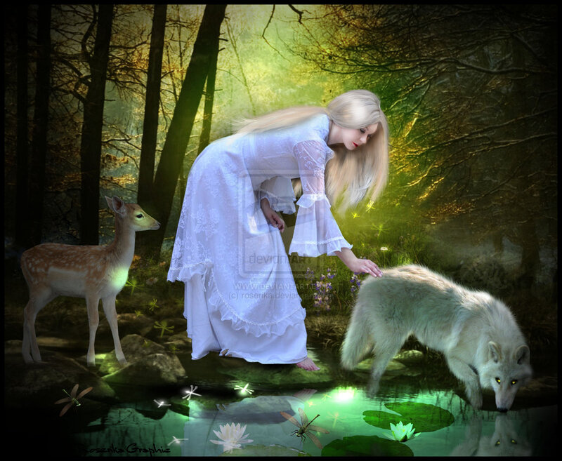 Woman with Deer and Wolf — White