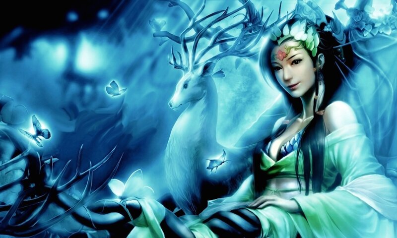 Woman with Deer — Blue, Serene