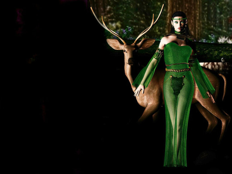 Woman with Deer — Green, Dramatic, Night