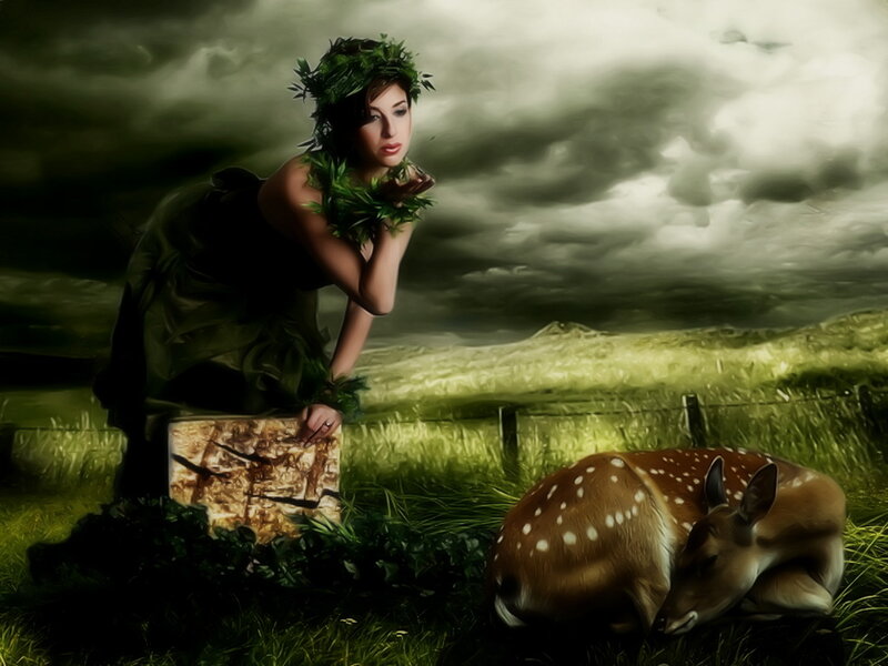 Woman with Deer — Green, Dramatic