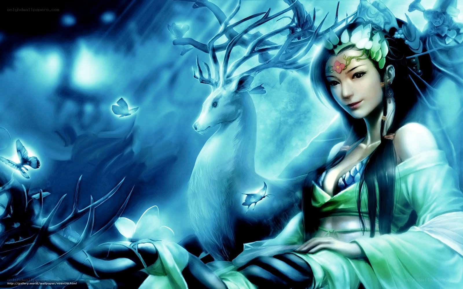 woman with deer in blue forest