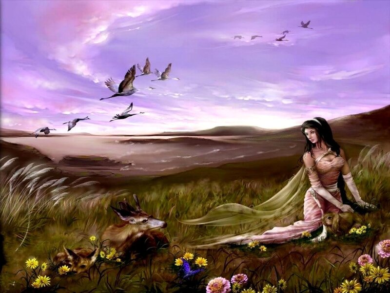 Woman with Deer in Field