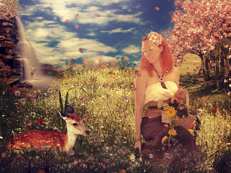 Woman with Deer in Field — Yellow