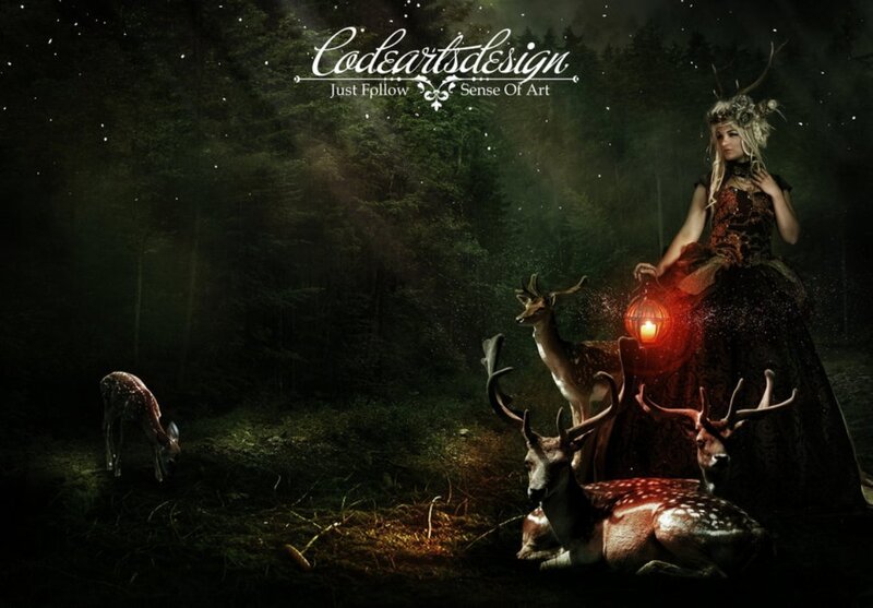 Woman with Deer in Forest — Black, Mysterious