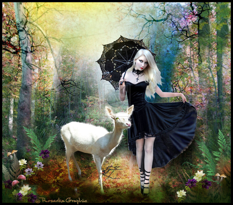 Woman with Deer in Forest — Black